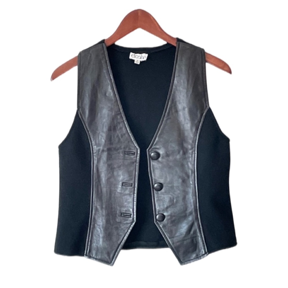 Vintage Etosha Women’s Leather Wool Spandex Knit Black Button Down Vest Size S